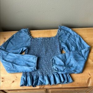 Blue Smocked Ruffled Top with Long Sleeves